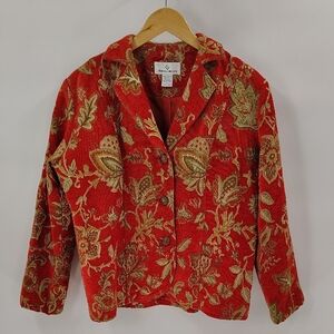 Erin London Jacket Blazer Size Large Reddish Orange Tapestry Three Button Lined